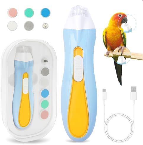 Nevixtal bird beak trimmer close up showing the illuminated LED light pointing at a parakeet claw.