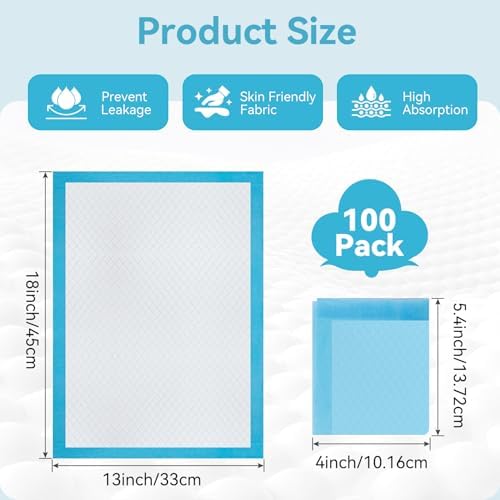 Piemeet 100 pack underpads stacked showing blue waterproof backing