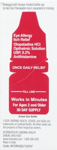 Leader eye allergy itch relief sterile drops box back view detailing warnings and ingredients.