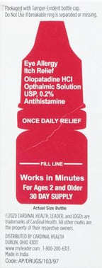 Leader eye allergy itch relief sterile drops box back view detailing warnings and ingredients.