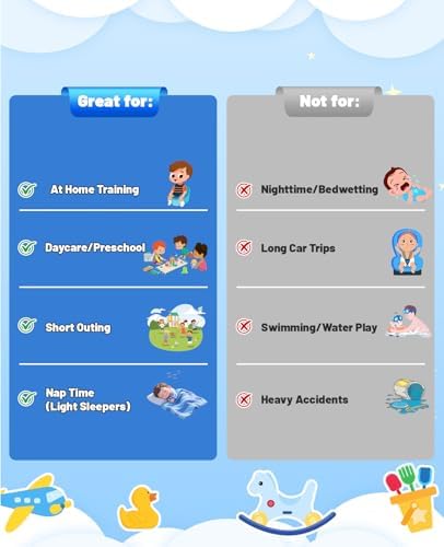 Size chart visual for MooMoo Baby toddler training pants ranging from 2T to 9T with weight and waist guidelines.