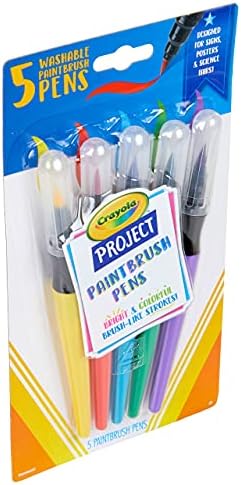 Five colorful Crayola paintbrush pens in red yellow green blue and purple colors.