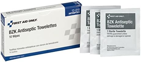 Individually wrapped First Aid Only BZK towelettes spread out for sterile first aid application