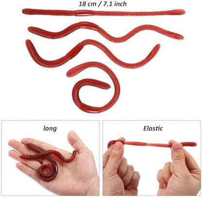 Full collection of 16 Gejoy soft rubber earthworms showing their lifelike coloration and detailing.