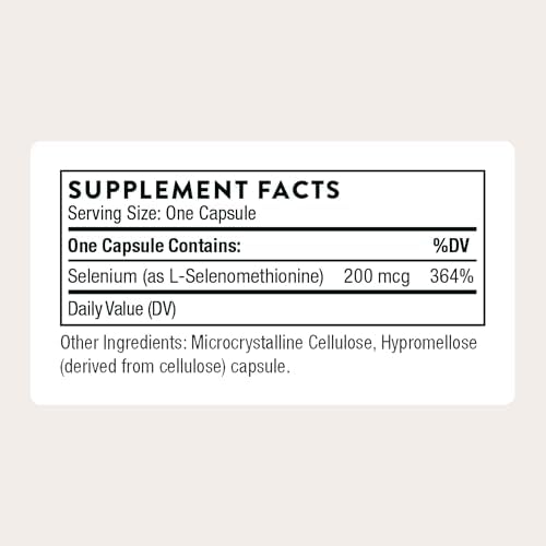THORNE Selenium supplement ingredient label showing L-selenomethionine facts