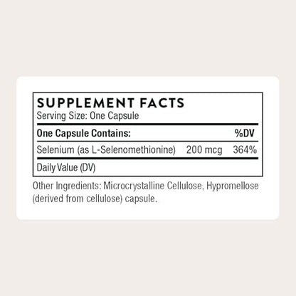 THORNE Selenium supplement ingredient label showing L-selenomethionine facts