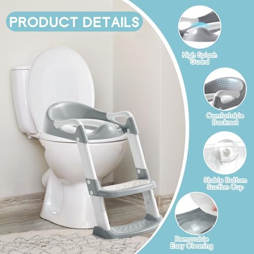 Grey foldable kids toilet trainer chair collapsed flat for compact bathroom storage.