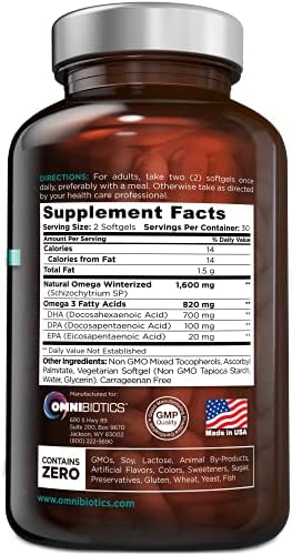 OmniBiotics algae based fish free omega supplement packaging displaying nutritional facts and dosage instructions