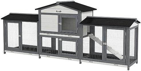 PawHut 90.5" Wooden Rabbit Hutch Bunny Cage Pet Playpen House Enclosure with Double Side Run Boxes, No Leak Tray, Ramp, for Guinea Pig and Small Animals, Light Gray - Image 2