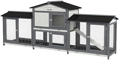 PawHut 90.5" Wooden Rabbit Hutch Bunny Cage Pet Playpen House Enclosure with Double Side Run Boxes, No Leak Tray, Ramp, for Guinea Pig and Small Animals, Light Gray - Image 2