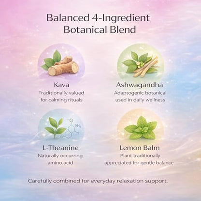 Supplement facts label detailing Kava, Ashwagandha, and L-Theanine ingredient concentrations.