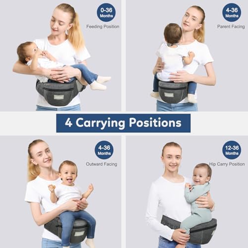 Parent wearing Safotad baby carrier demonstrating hip seat comfort