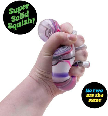 Close up details of the swirling color design on the squishy cube