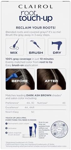 Clairol 4A Dark Ash Brown color shade guide demonstrating seamless blending results before and after application.