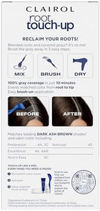 Clairol 4A Dark Ash Brown color shade guide demonstrating seamless blending results before and after application.