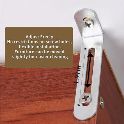 Child safety anti toppling kit brackets installed discreetly behind a wooden bookshelf for earthquake protection.