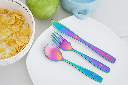 Full 12 piece rainbow kids flatware set including spoons forks and knives