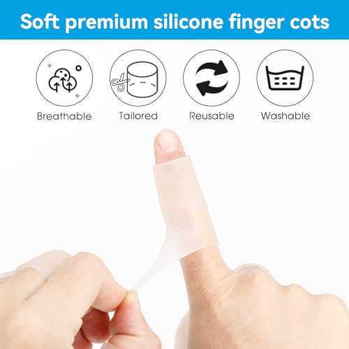 Ten pieces of clear gel finger shields arranged neatly to show stretchable texture