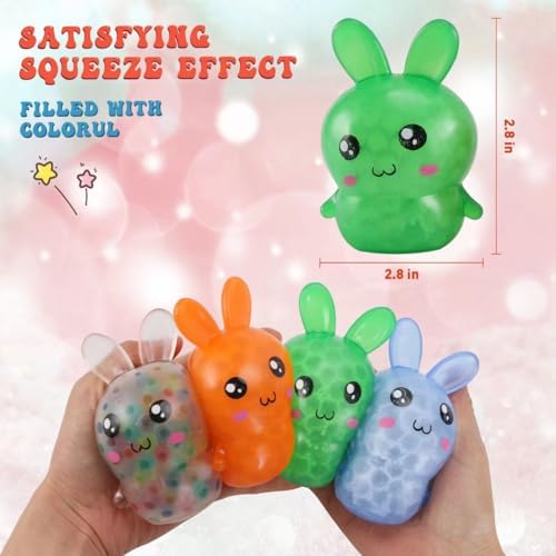 Colorful bunny shaped sensory squeeze balls being held in hand
