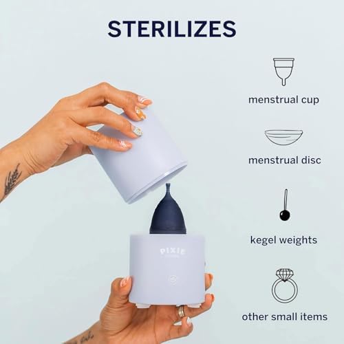 Blue cylinder shaped period cup sterilizer with one touch button.