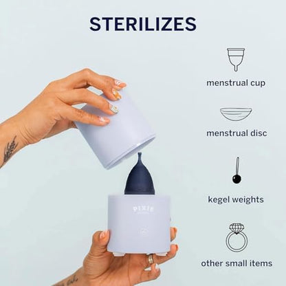 Blue cylinder shaped period cup sterilizer with one touch button.