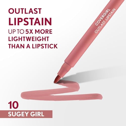 COVERGIRL Outlast, 10 Sugey Girl, Lipstain, Smooth Application, Precise Pen-Like Tip, Transfer-Proof, Satin Stained Finish, Vegan Formula, 0.06oz - Image 3