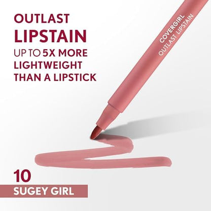 COVERGIRL Outlast, 10 Sugey Girl, Lipstain, Smooth Application, Precise Pen-Like Tip, Transfer-Proof, Satin Stained Finish, Vegan Formula, 0.06oz - Image 3