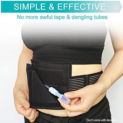 EaseToU black abdominal support band displaying the spacious six inch square storage compartment for medical transfer sets