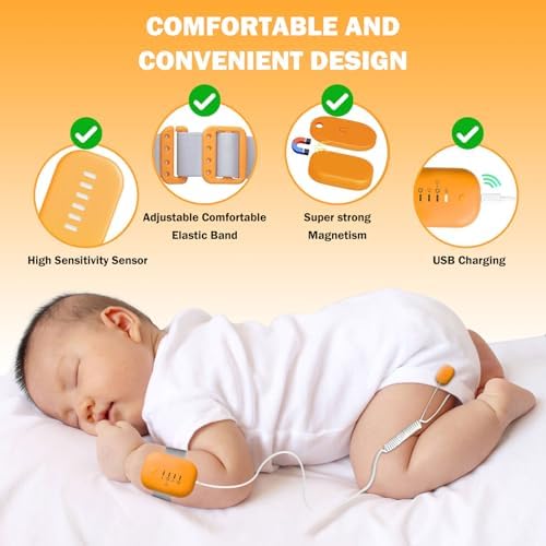 Adjustable arm band bedwetting alarm for boys and girls in carrot red.