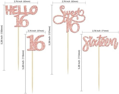 Sweet 16 glitter cupcake picks on decorated desserts