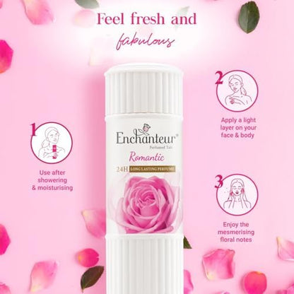 Enchanteur Romantic floral fragrance talc pack for long lasting freshness.