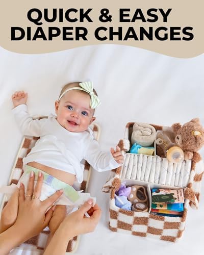 Light taupe and white checkered diaper caddy for nursery storage