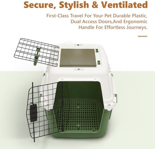 Athena Collection green plastic pet carrier being lifted by its heavy duty top handle.
