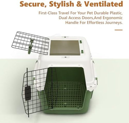 Athena Collection green plastic pet carrier being lifted by its heavy duty top handle.
