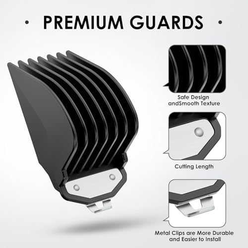 Close up angle of premium trimmer attachments showing the durable metal locking mechanism on black plastic guide combs