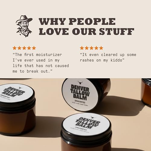 Authentic Denver Tallow Co unscented moisturizing balm texture and packaging