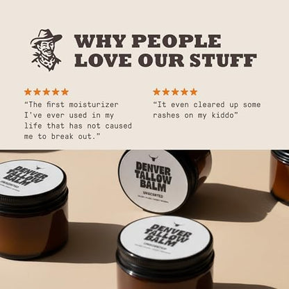 Authentic Denver Tallow Co unscented moisturizing balm texture and packaging