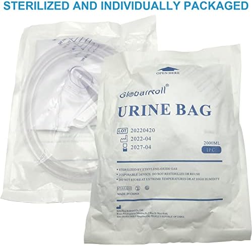 Detailed layout of the complete GlobalRoll urinary assembly including the bag body, long tube, and attachment accessories.