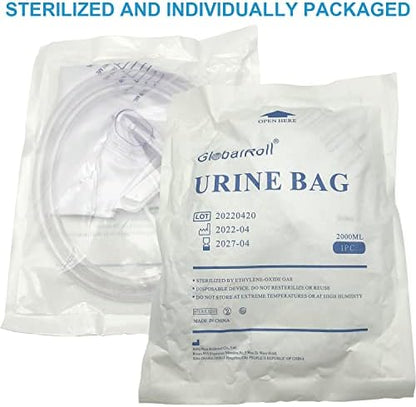 Detailed layout of the complete GlobalRoll urinary assembly including the bag body, long tube, and attachment accessories.