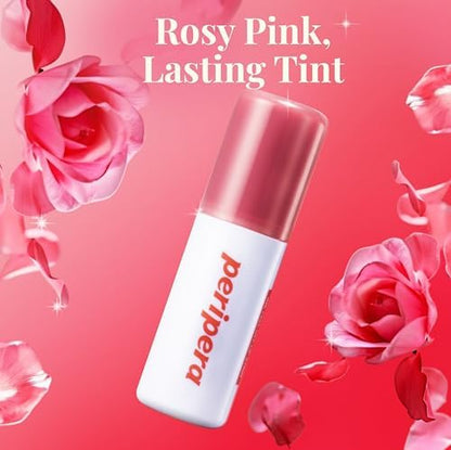 Before and after application preview of the transfer proof waterproof rosy pink lip stain finish.