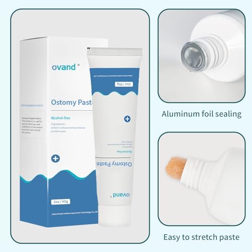 Close up view of the ingredients list on the back of the Ovand ostomy appliance adhesive paste
