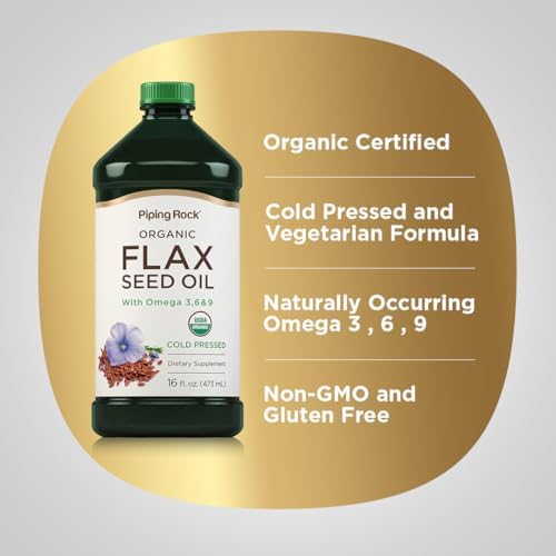 Close up of premium imported USA flaxseed oil bottle showcasing the non GMO and gluten free seals.