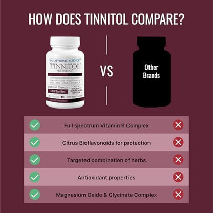 Approved Science Tinnitol six month supply dietary supplement bottles for ear buzzing protection.