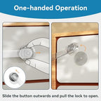 Adult hand demonstrating the two step unlocking process on transparent safety strap