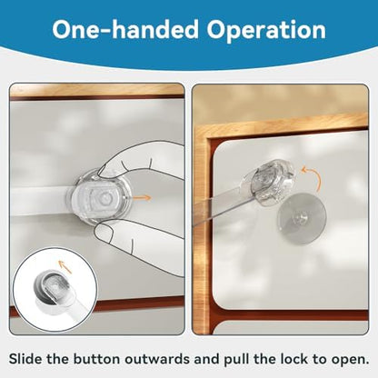 Adult hand demonstrating the two step unlocking process on transparent safety strap