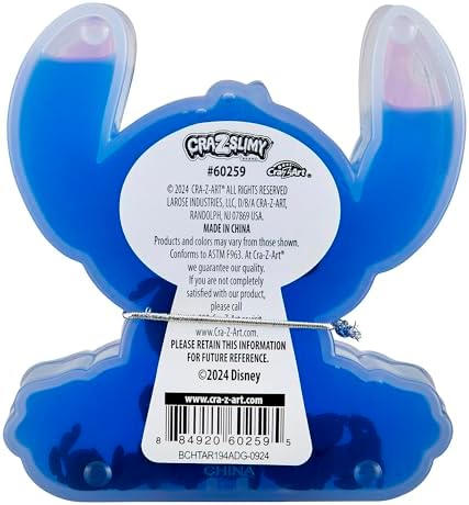Stretchy blue glossy slime being pulled out of the reusable Stitch figure jar
