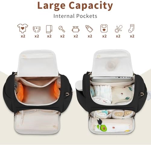 Premium black neoprene baby bag with insulated bottle pockets and detachable pacifier pouch