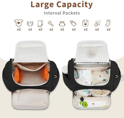 Premium black neoprene baby bag with insulated bottle pockets and detachable pacifier pouch
