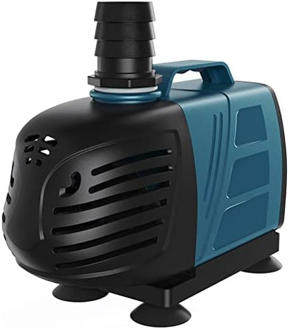 Uniclife 80W inline water pump showing three included plastic nozzles and top handle