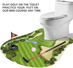 Goodlysports bathroom mini golf set highlighting the miniature target cup with flag and plastic golf balls.